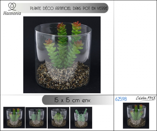 Plante déco artificiel dans pot en verre, Dia: 15x15cm env. 4asst