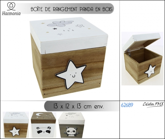 Boîte de rangement Panda en bois, 13x12x13cm env.2asst