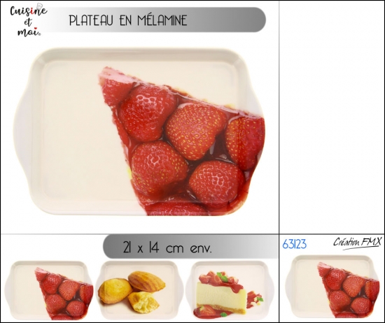 Plateau mélamine 21 x 14 cm env motif petit déjeuner, 3 assortiments