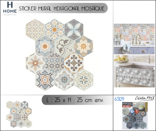 Sticker mural hexagonal mosaïque- Dim: 25 x 25 cm env - x1PC - Azulejos