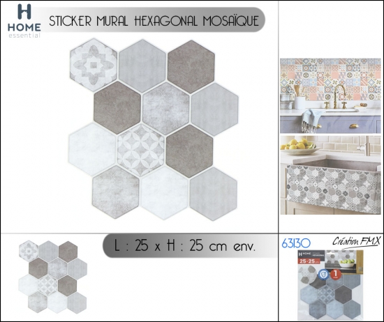 Sticker mural mosaïque hexagonal- Dim: 25 x 25 cm env - x1PC - Coloris Gris
