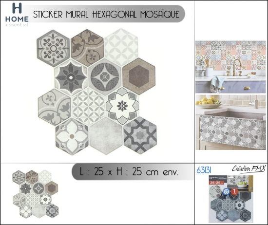 Sticker mural hexagonal mosaïque- Dim: 25 x 25 cm env - x1PC  -Coloris Gris mosaïque