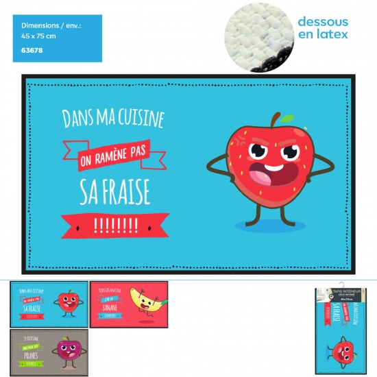 Tapis imprimé cuisine texte humouristiques fruit / 3 motifs assortis, 45 x 75 cm
