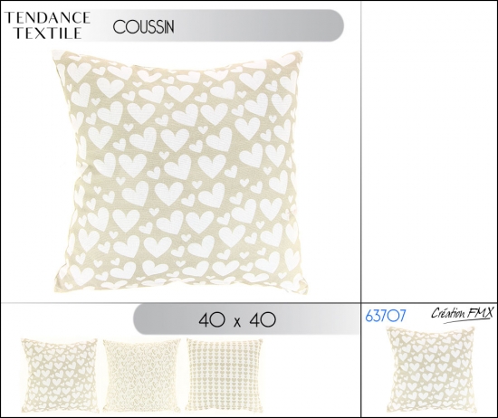 Coussin 40x40 cm avec motifs coeur - 3 assts