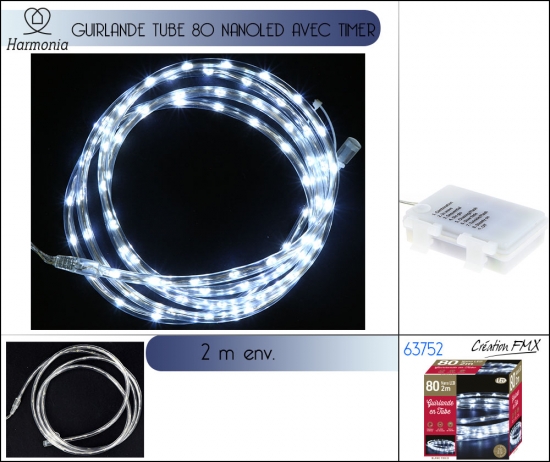 Guirlande tube 80 NANO LED A PILES  nouvelle génération- 8 fonctions timer - L2M - 3AA - Blanc