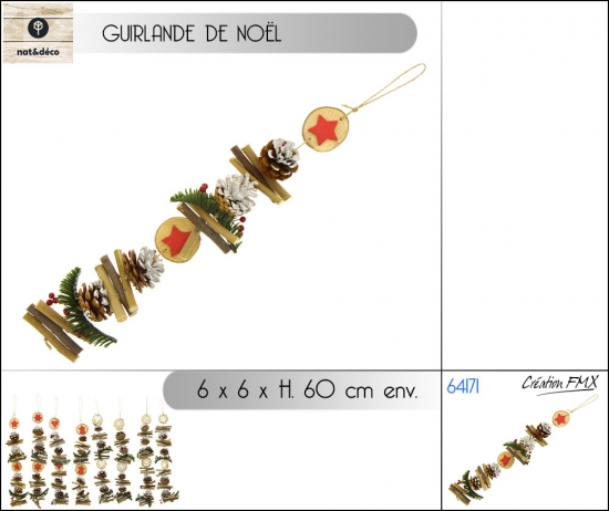 Guirlande de noel en bois-6x6 h60- x4 assortiments