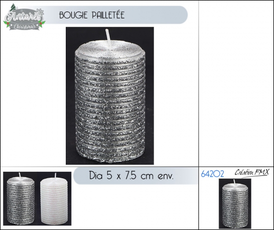 Bougie décorative pailletée et non parfumée -Deux asst : Blanc et Argent -5x7.5cm