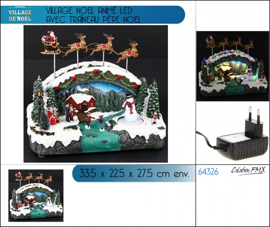 Village Noel animé LED et musical avec traîneau père noel (33.5x22.5x27.5cm env.)