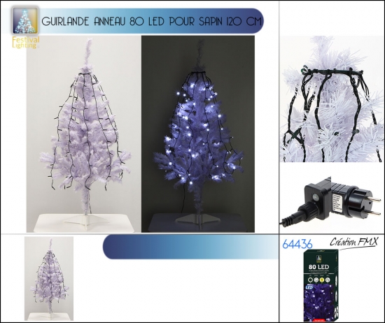 Guirlande scintillante 8 fonctions pour sapin 1m20 -  80 LED - Coloris blanc