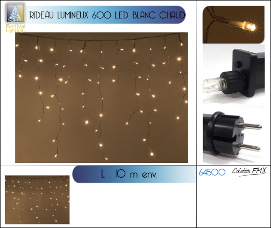 Rideau lumineux 600LED blanches chaudes - longueur 10m env - usage int./ext. - câble transparent