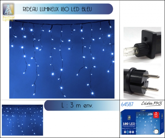 Rideau stalactite 180LED lumineux bleue - Timer - longueur 3m env - usage int./ext. - câble transparent