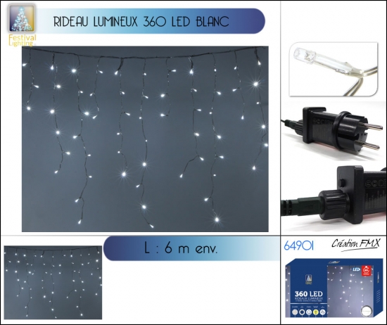 Rideau lumineux 360 leds blanches - Timer - longueur 6m env - usage int./ext. - câble transparent - 1 asst