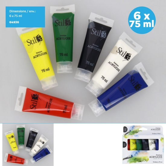 Tube de peinture primaire acrylique 75ml x6pcs (6 couleurs)