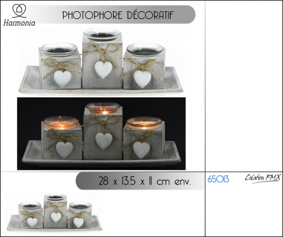 Photophore décoratif motif cœur pour 3 bougies (28x13.3x11cm env.)