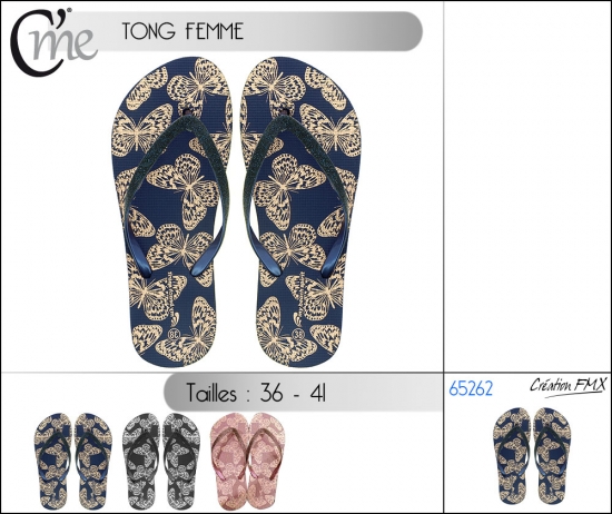 Tong femme imprimé papillon pailletés - x3 assortiments - Taille 36 à 41
