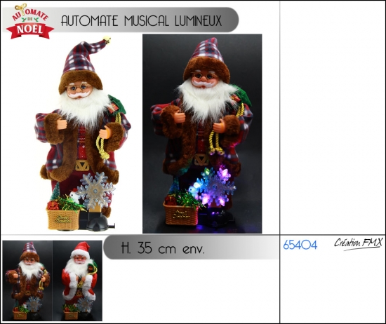 Père Noël automate musical avec flocon de neige lumineux tournant (35cm env.) / 2 modèles asst.