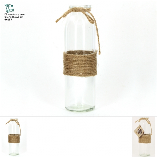 Vase en verre avec noeud corde en jute - (Dia.)5.7x19.3cm env.