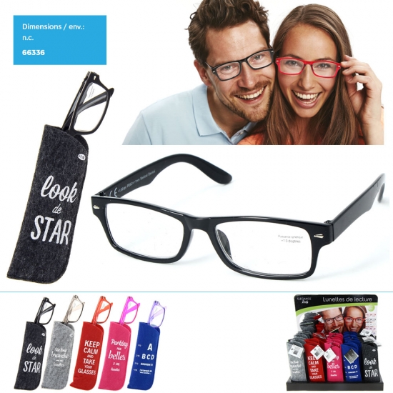 Lunette de lecture mixte + pochette fetrine avec texte - 5 asst