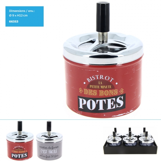 Cendrier en métal carré avec poussoir dim 9 x 9 x H12 cm env,  2 assts