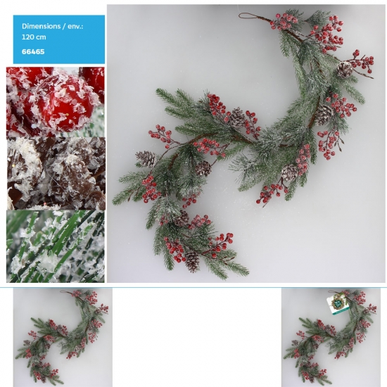 Guirlande de Noël baies rouges et pomme de pin enneigées  - L:120CM env.