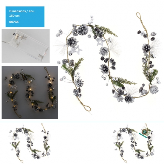 Guirlande lumineuse 20 LED avec grelots - feuilles - pin et baies couleur argent (L=150cm env.)