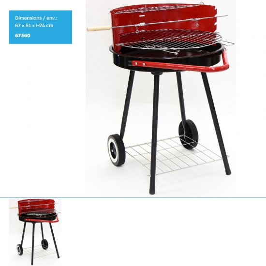 Barbecue à charbon rond  à 2 roues- Dim 67x51x74cm env.