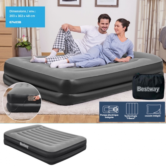 Lit floqué Premium Queen 2 places 203 x 163 x 48 cm+ oreiller +pompe électrique 220-240 volts+ travel bag