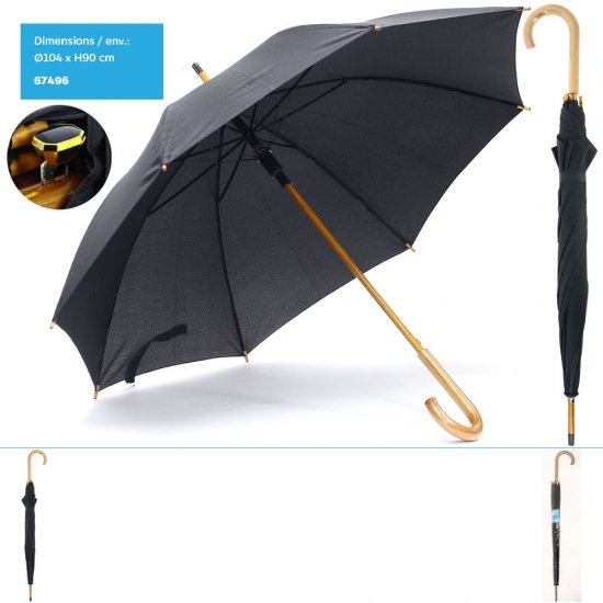Parapluie Canne ouverture automatique (Dia)104cm, H90cm env. Noir