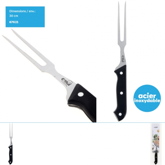 Fourchette à viande 30 cm env.(manche noir 3 boutons)