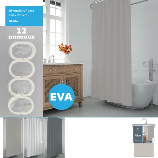 Rideau de douche EVA 180x200cm env. avec 12 anneaux inclus 3 coul. asst