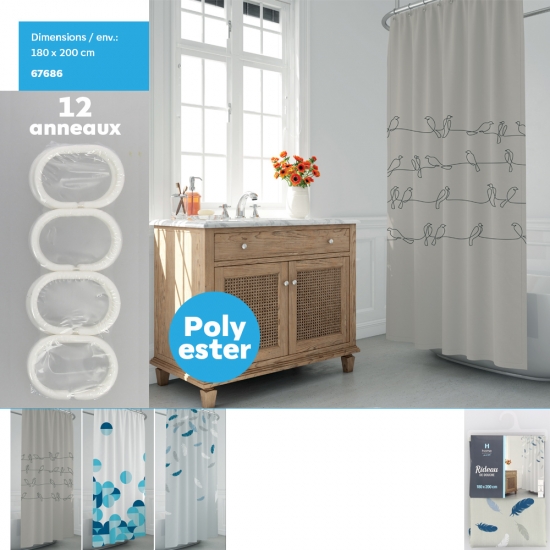 Rideau de douche polyester 180x200cm env. 12 anneaux et Fil à Blomb inclus. 3 désignes asst.