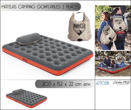 Matelas gonflable camping 2 places Roll & Relax 203 x 152 x 22 cm avec sac de gonflage