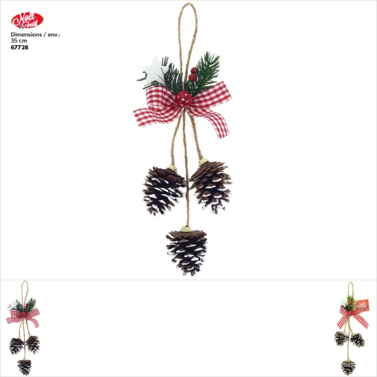 Suspension de Noël 3 pommes de pin AMANITE champignons noeud à carreaux - Longueur 35cm env.