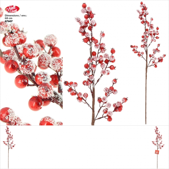 Tige de Noël baies pailletés - L 68cm env. - Rouge